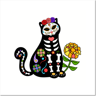 Day of the Dead Skeleton Flower Cat Posters and Art